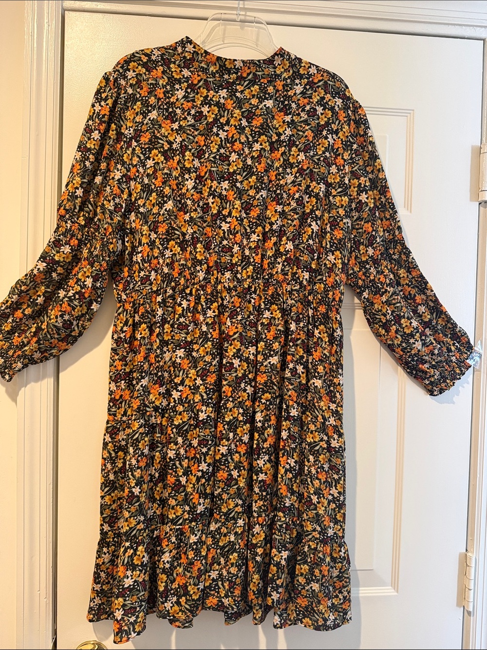 Coquette Black Floral Long Sleeve Smocked Autumn Flowy Boho Chiffon Dress XL